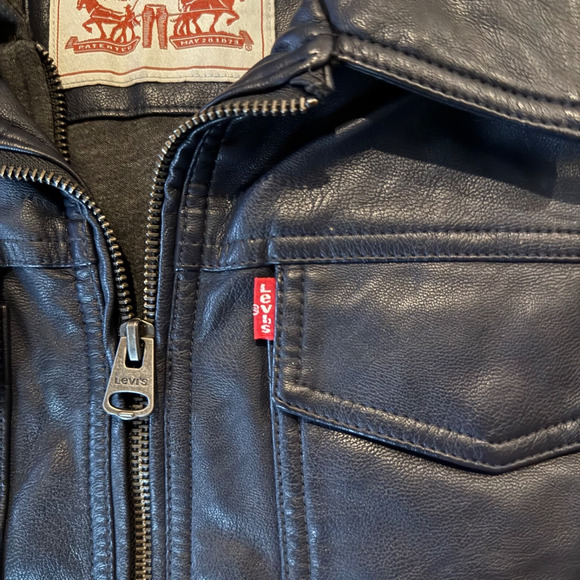 Mens Levis Black Faux Leather Jean Jacket Lined Zip Up Hooded Size Large $140 - Picture 9 of 14